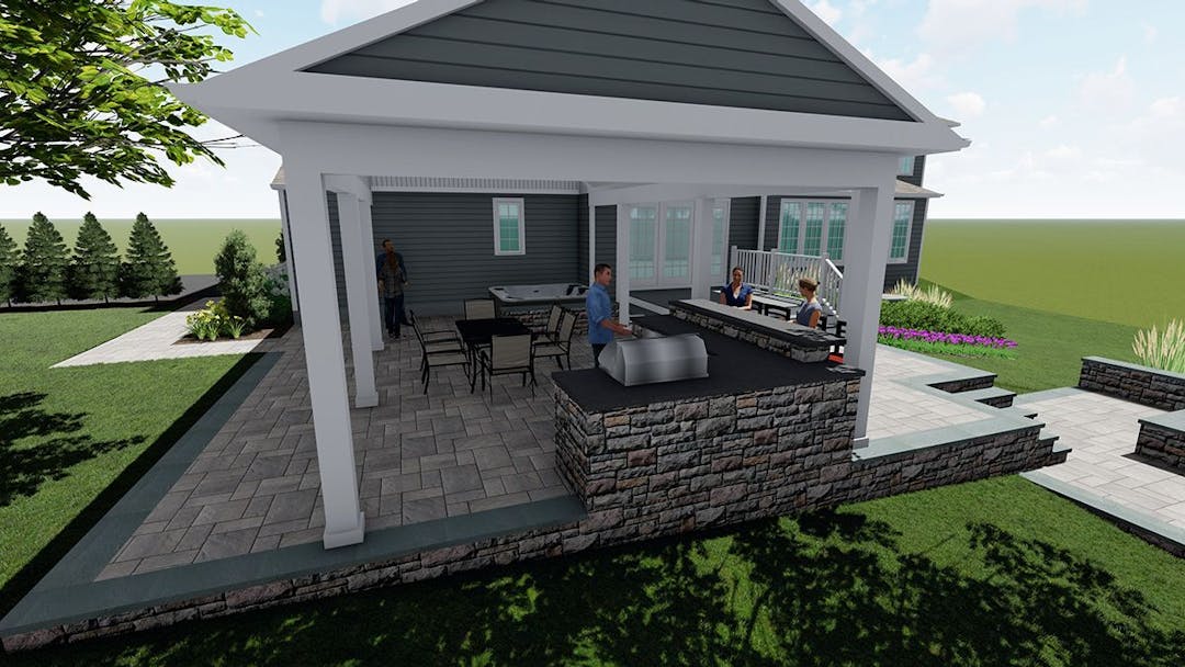 Landscape Design 3D Rendering- Patio, Outdoor Kitchen, and Landscaping Design