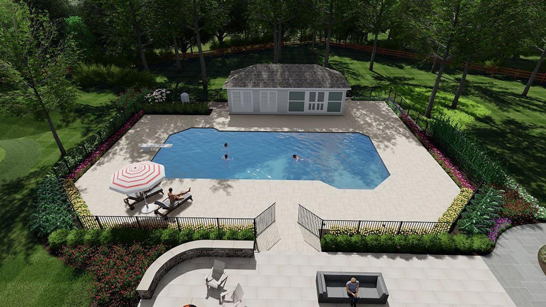 Landscape Design 3D Rendering- Custom pool area design including Patio and Landscaping Design