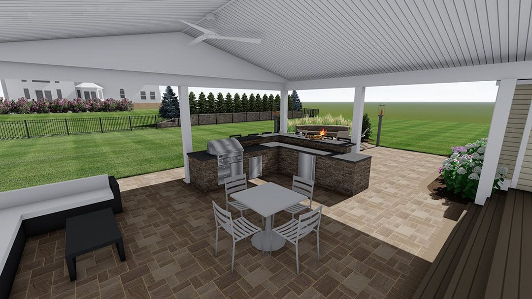 Landscape Design 3D Rendering - Patio, Outdoor Kitchen, and Outdoor Seating Area and Fire Pit Design
