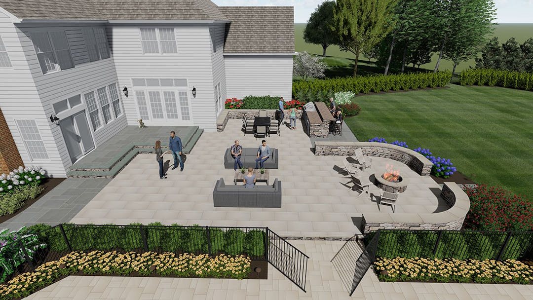 Landscape Design 3D Rendering- Patio, Outdoor Kitchen, Outdoor Fire Pit & Seating Area, and Landscaping Design