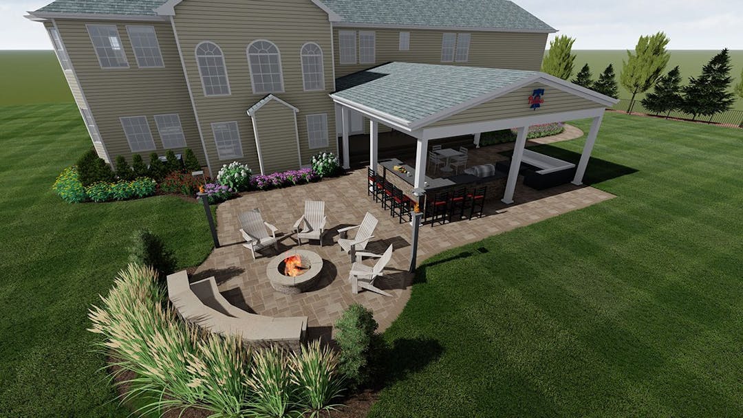 Landscape Design 3D Rendering- Overhead shot of Patio, Outdoor Kitchen, Outdoor Fire Pit & Seating Area, and Landscaping Design