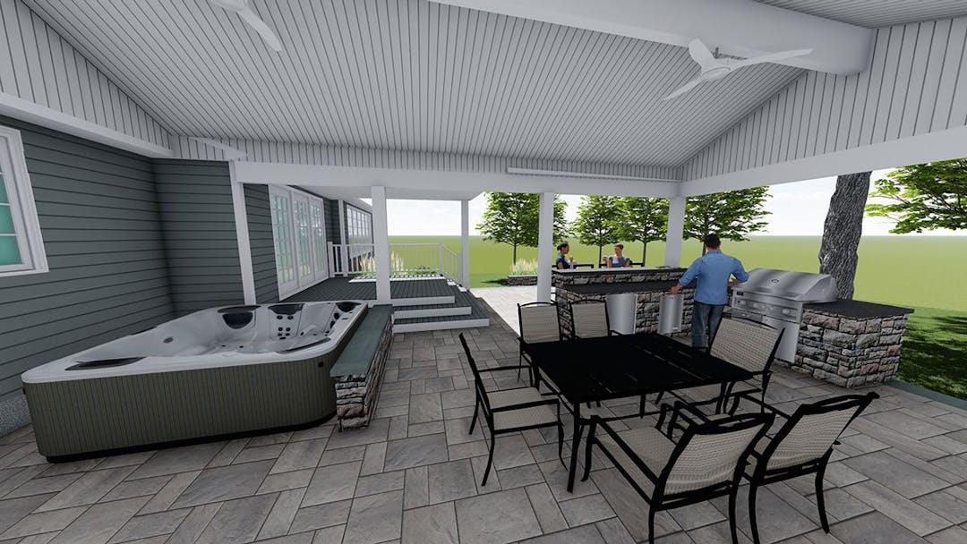Landscape Design 3D Rendering- Patio, Outdoor Kitchen, Outdoor Fire Pit & Seating Area, and Landscaping Design