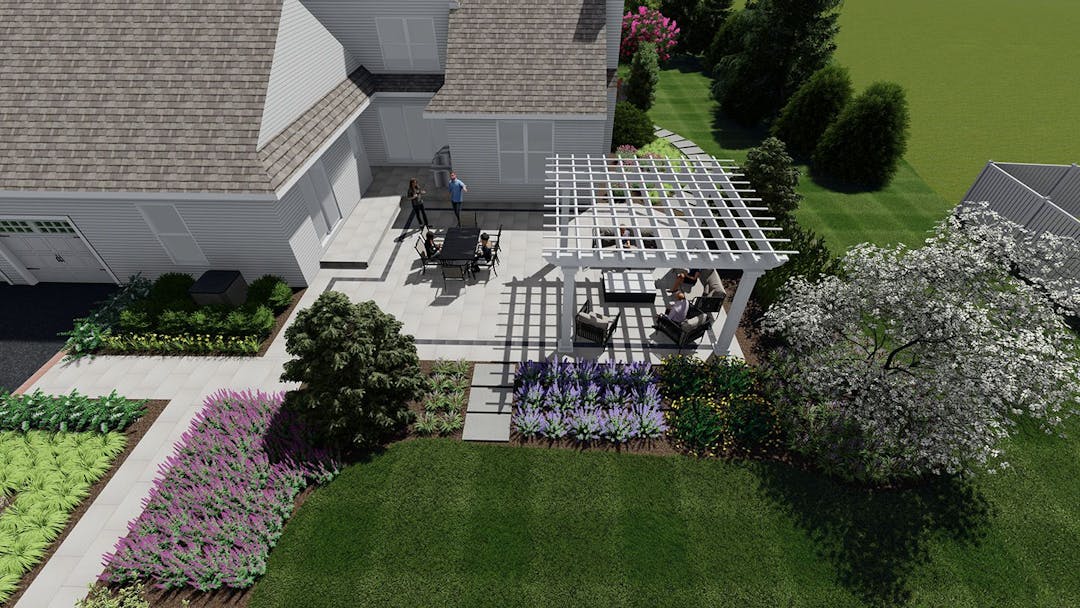 Landscape Design 3D Rendering - Overheard shot of patio, pergola, walkway, and landscaping design