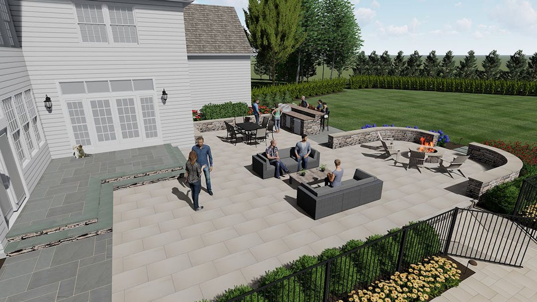 Landscape Design 3D Rendering- Patio, Steps, Outdoor Kitchen, Outdoor Fire Pit & Seating Area, and Landscaping Design