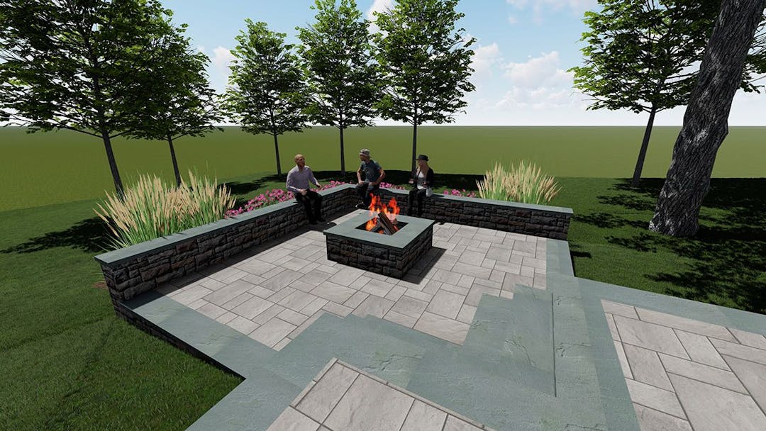 Landscape Design 3D Rendering- Patio, Outdoor Fire Pit & Seating Area, and Landscaping Design