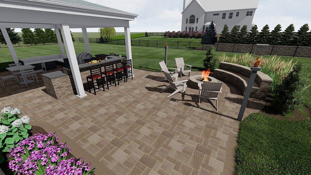 Landscape Design 3D Rendering- Side angle of Patio, Outdoor Kitchen, Outdoor Fire Pit & Seating Area, and Landscaping Design