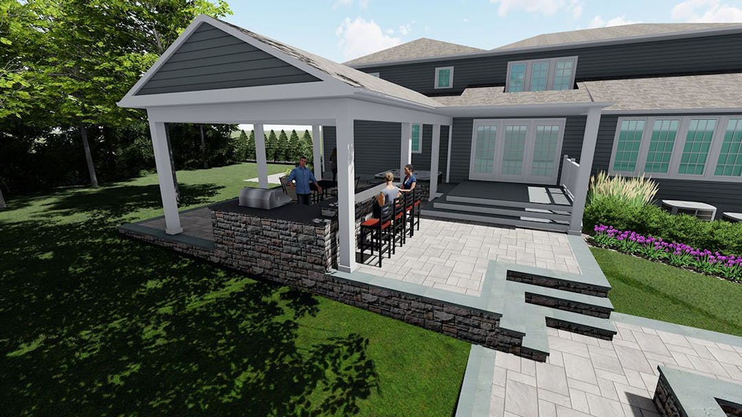 Landscape Design 3D Rendering- Patio, Outdoor Kitchen, Outdoor Seating Area, and Landscaping Design