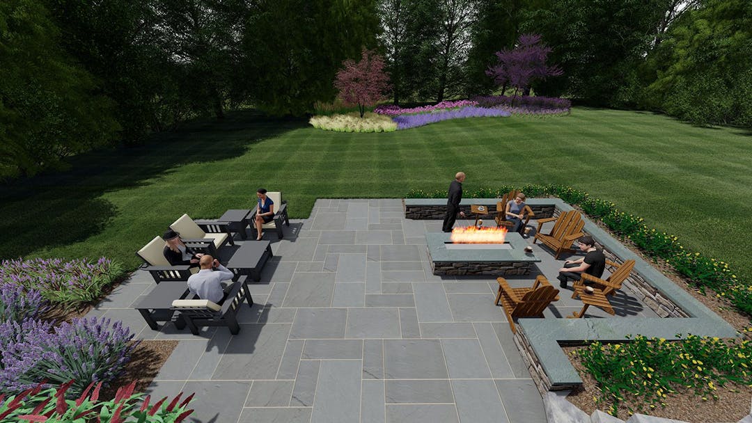 Landscape Design 3D Rendering - Patio, Outdoor Seating Area, Outdoor Fireplace, and Landscaping Design